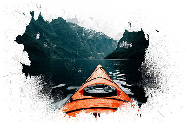 Orange canoe on lake surrounding with mountain at daytime Orange canoe on lake surrounding with mountain at daytime